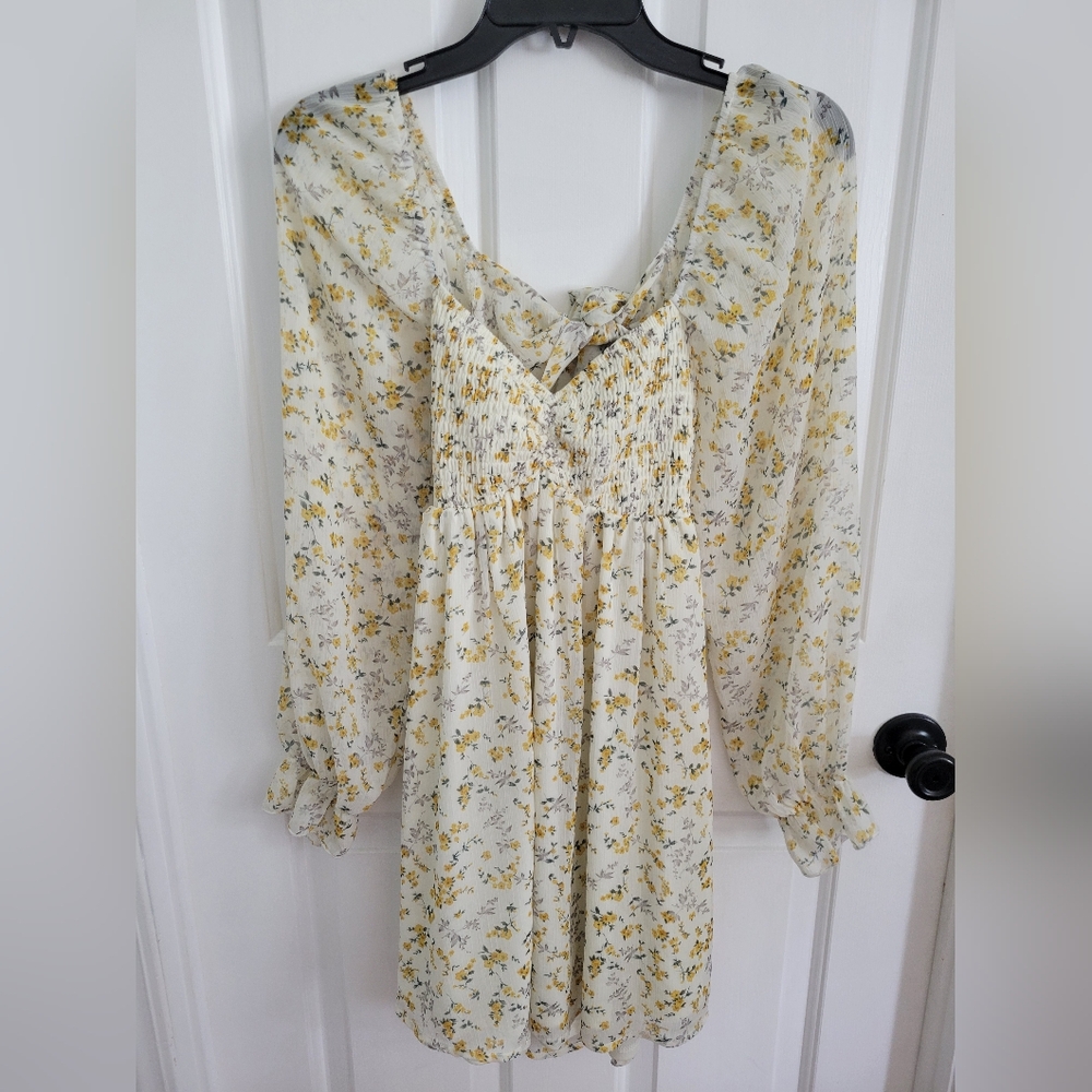 Thirty Thirty Boho Liberty Floral Women’s Cream Yellow Mini Dress Tie Back Med